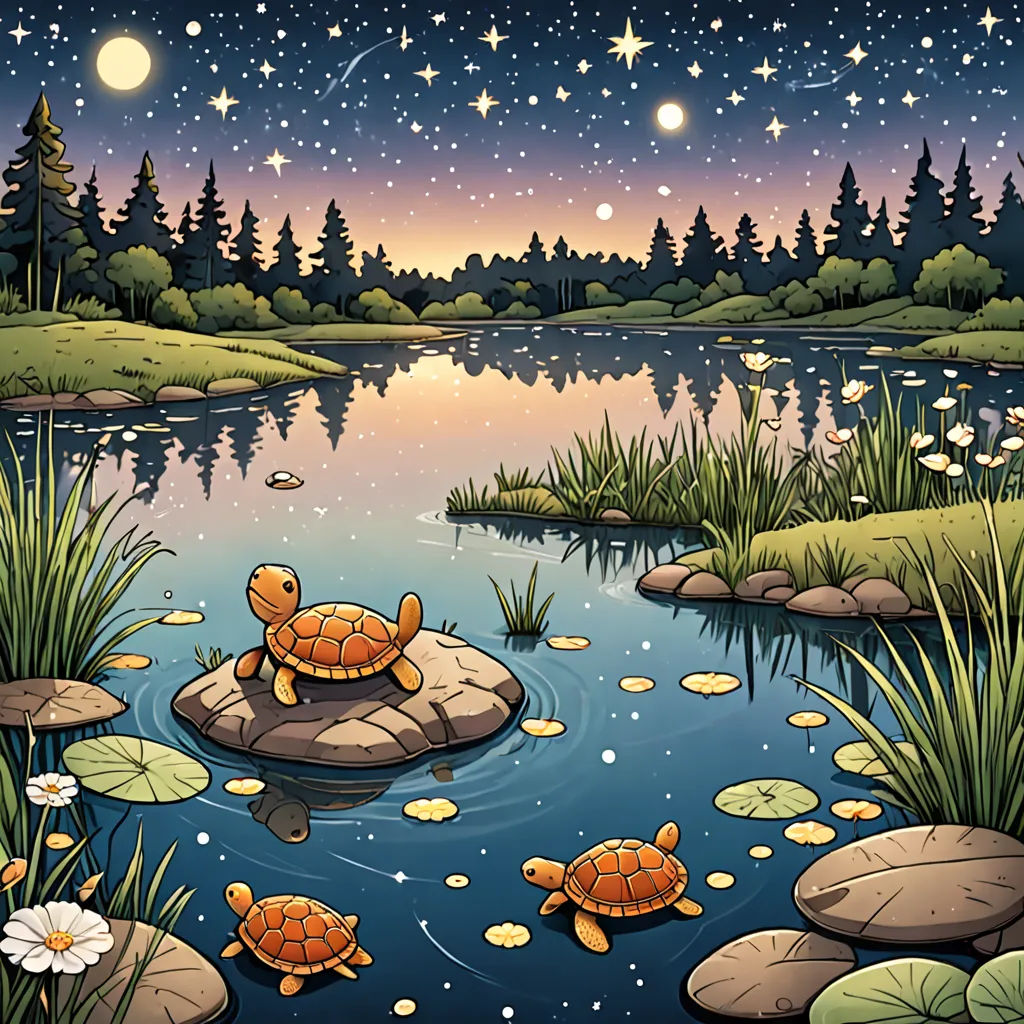 a pond with turtles and lily pads in it at night time with stars and moon in the sky above, space art, a storybook illustration, Dan Mumford, storybook illustration