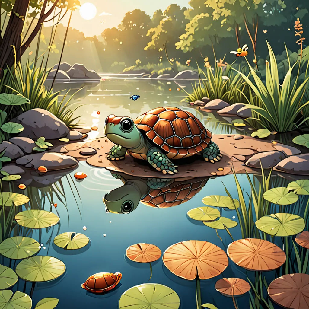 a turtle is sitting on a rock in the water near lily pads and lily pads on the ground, and a pond with lily pads and lily pads in the water, fantasy art, a storybook illustration, Chris LaBrooy, storybook illustration