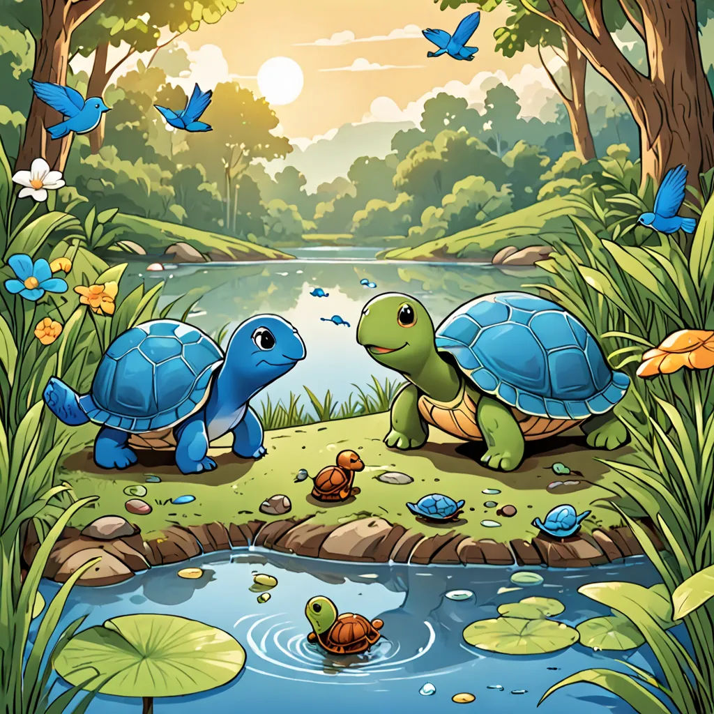 a couple of turtles are in the water by some trees and plants with blue butterflies flying above them and a pond with water lilies, sots art, a storybook illustration, Chris LaBrooy, storybook illustration