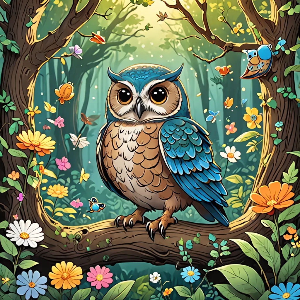 a colorful owl sitting on a branch in a forest with flowers and butterflies around it, with a bright light coming through the trees, fantasy art, a storybook illustration, Chris LaBrooy, highly detailed digital painting