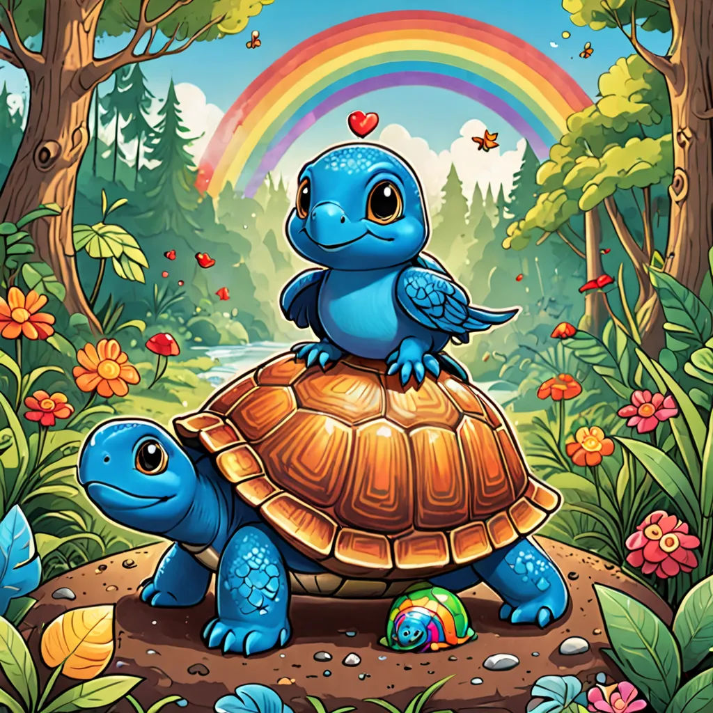 a painting of a turtle and a turtleling on a log in a forest with a rainbow in the background, fantasy art, a storybook illustration, Craola, highly detailed digital painting