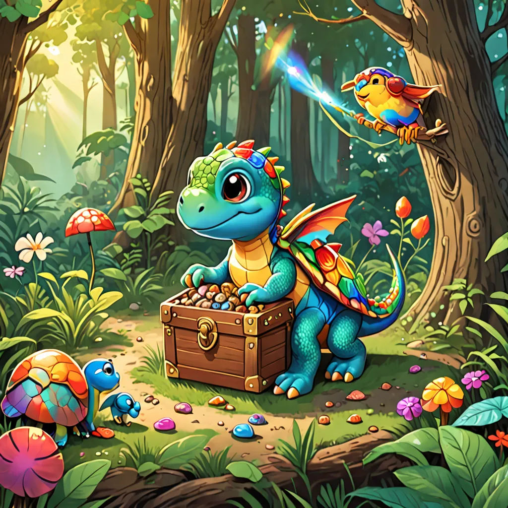 a cartoon dragon is sitting on a trunk in the forest with a bird flying above it and a bird flying above it, fantasy art, a storybook illustration, Craola, dragon art