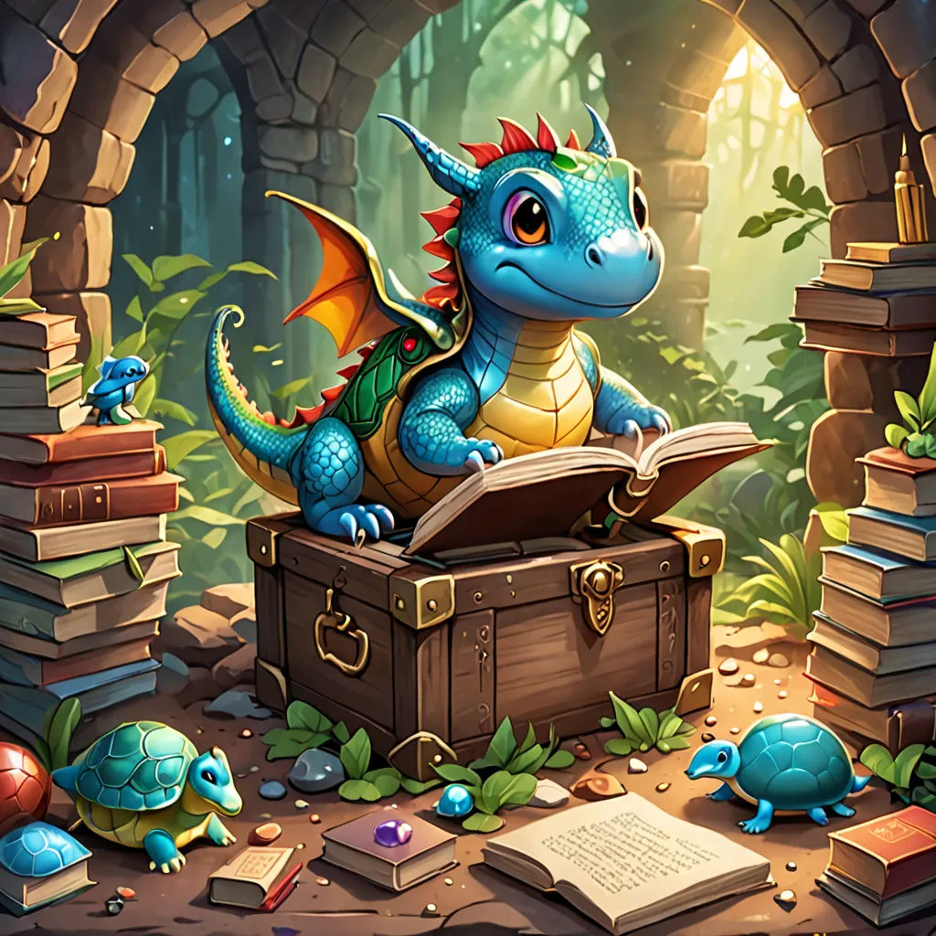 a dragon sitting on top of a trunk in a forest with books and other items around it, reading a book, fantasy art, a storybook illustration, Chris LaBrooy, dragon art