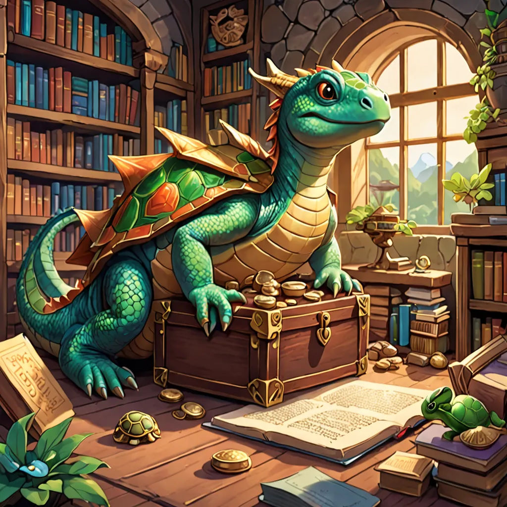 a green dragon sitting on top of a trunk in a library filled with books and bookshelves filled with books, fantasy art, a storybook illustration, Chris LaBrooy, dragon art