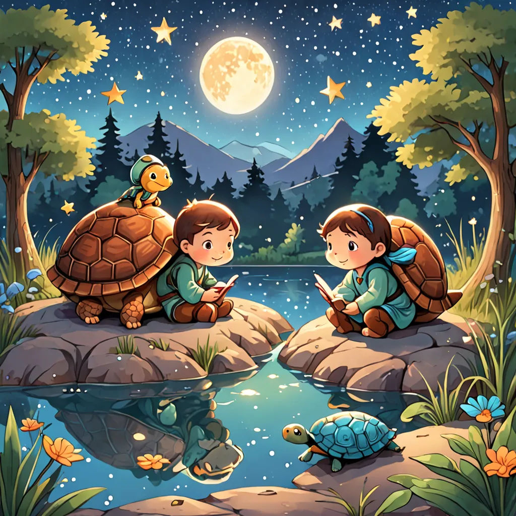 two children are sitting on the rocks by the river and reading a book at night time illustration by alex krapf, space art, a storybook illustration, Dan Mumford, storybook illustration