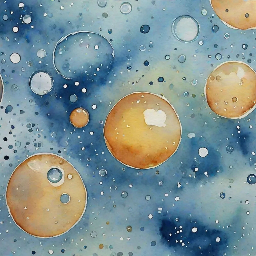a painting of bubbles and bubbles on a blue background with white dots and a blue sky in the background, Fiona Stephenson, space art, a watercolor painting, watercolor