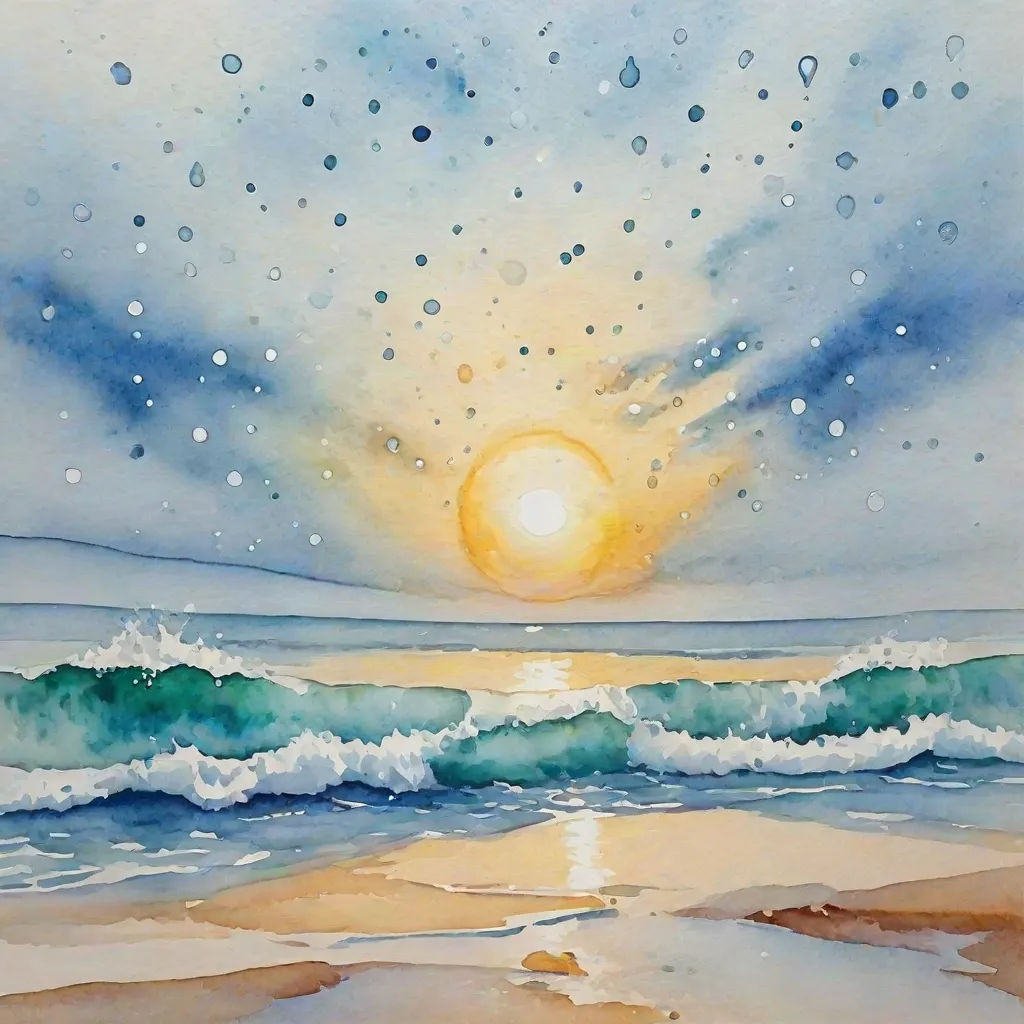 a painting of a sunset over the ocean with waves crashing on the beach and a bright sun in the sky, Carol Sutton, metaphysical painting, a watercolor painting, ocean