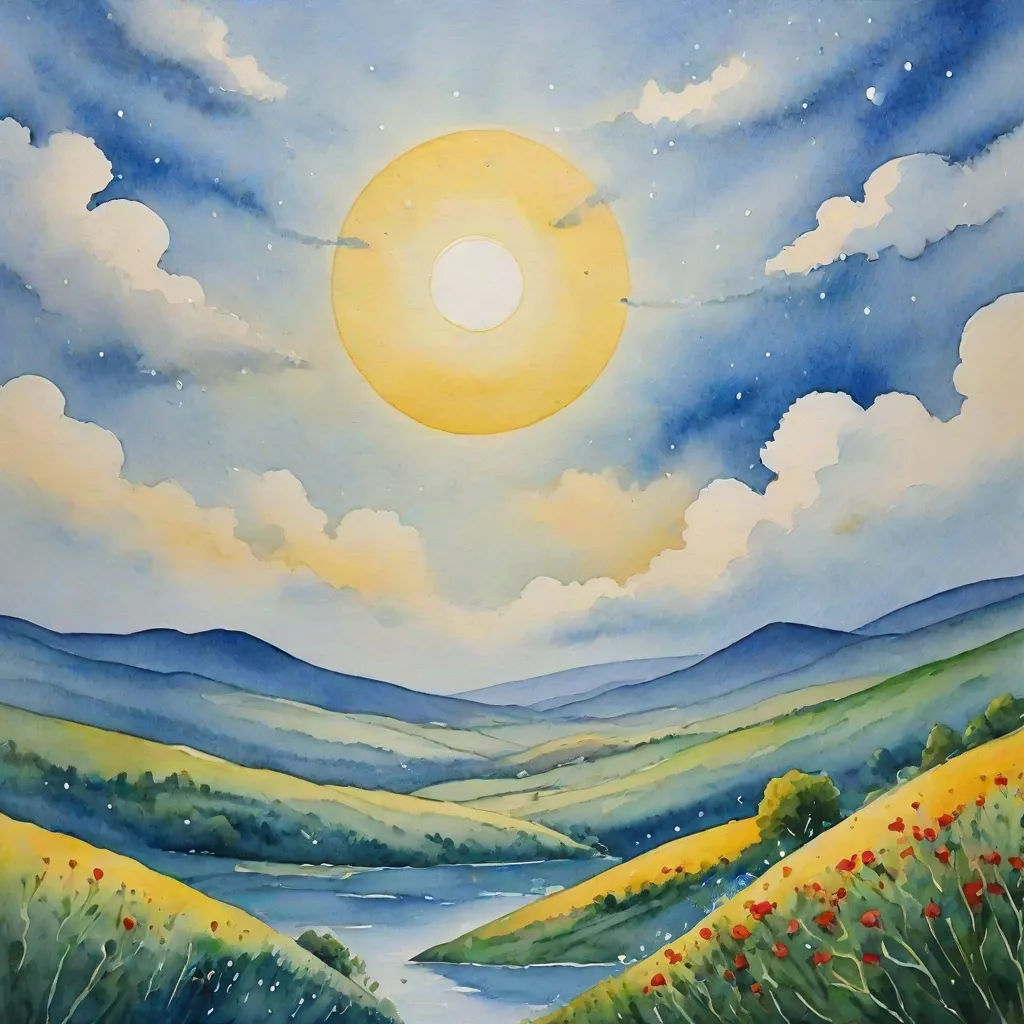 a painting of a sun setting over a river and hills with flowers in the foreground and a blue sky with clouds, Christophe Vacher, naive art, an airbrush painting, sun