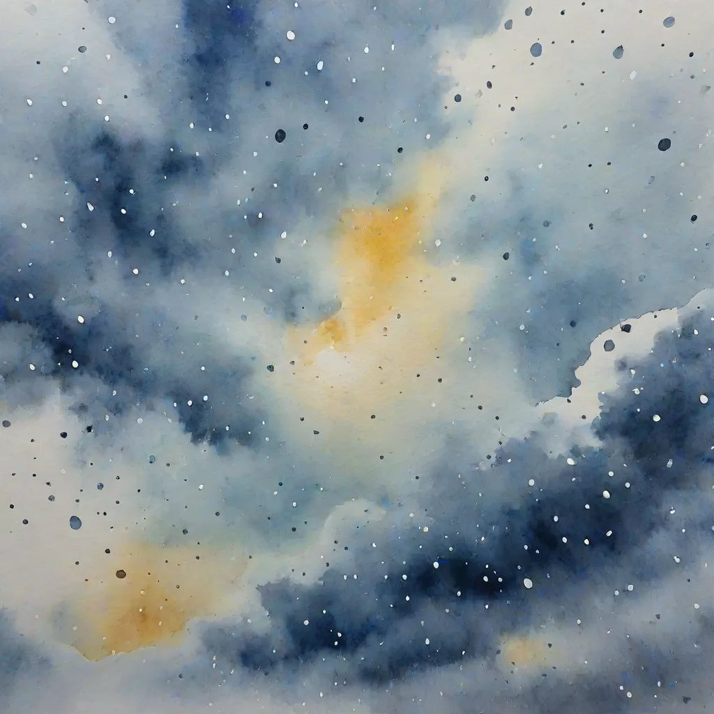 a painting of a sky with clouds and stars in it and a yellow spot in the center of the sky, Claire Hummel, space art, a watercolor painting, galaxy
