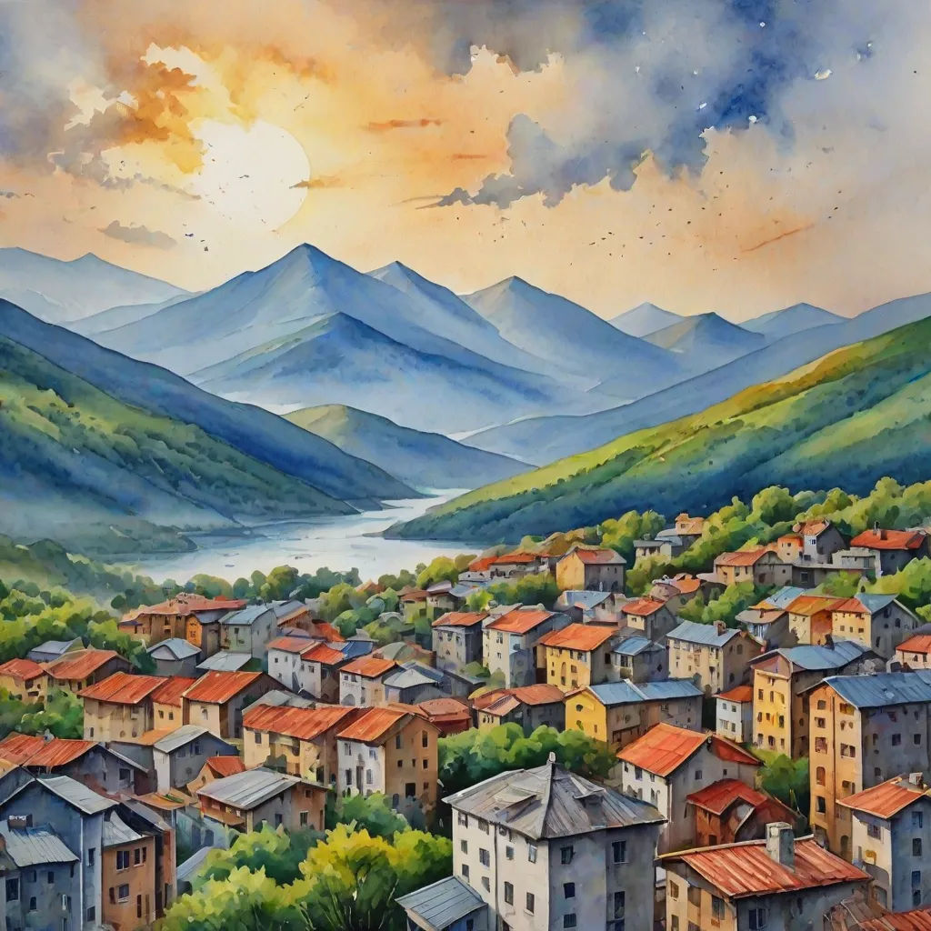 a painting of a village in the mountains with a river running through it and a mountain range in the distance, Christophe Vacher, naive art, a detailed matte painting, highly detailed oil painting