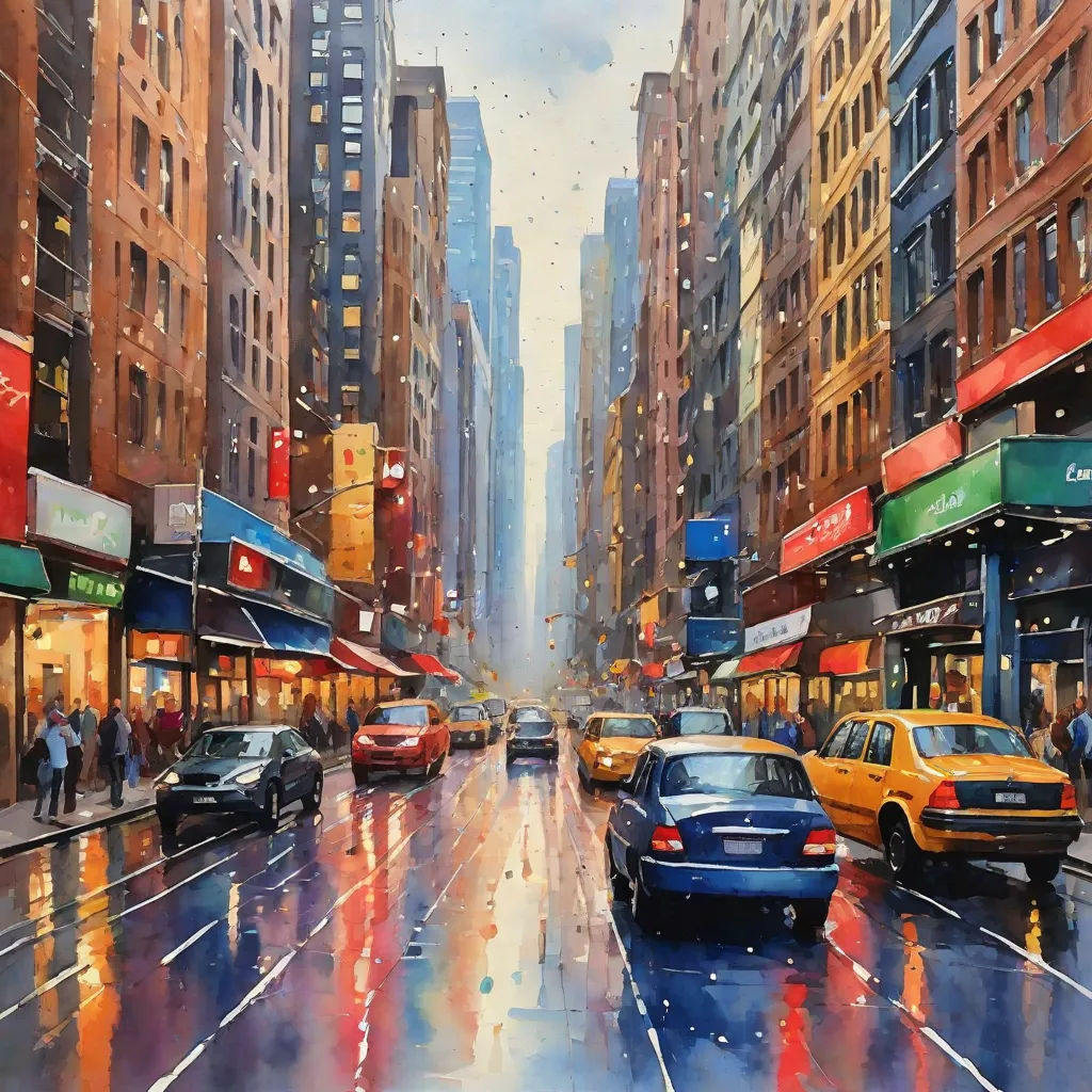 a painting of a city street with cars and people on it in the rain with buildings and people walking on the sidewalk, Art Brenner, american scene painting, an oil painting, highly detailed oil painting