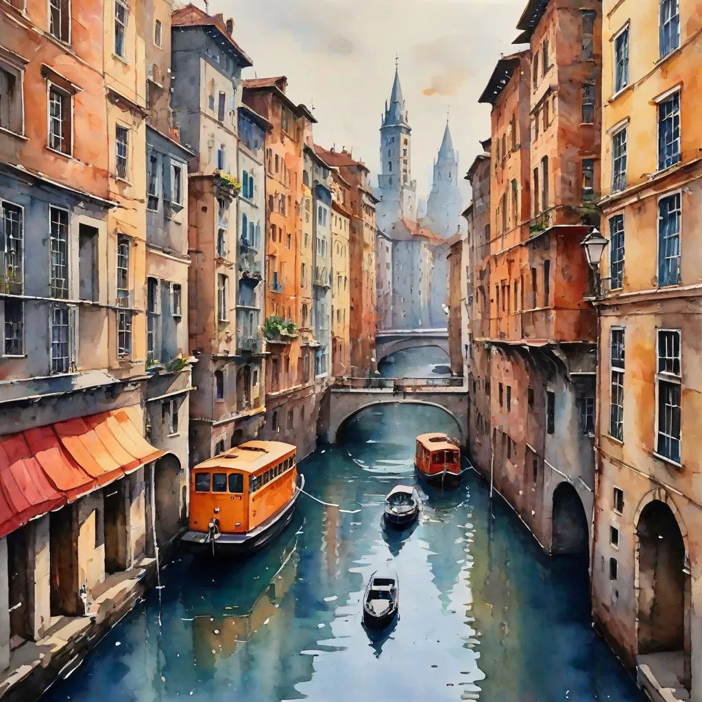 a painting of a canal with boats in it and buildings in the background with a clock tower in the distance, Art Brenner, modern european ink painting, a watercolor painting, detailed painting