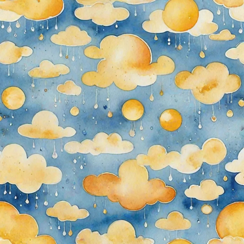 a painting of clouds and rain falling from the sky with drops of water on them and a blue sky background, Chris LaBrooy, pop surrealism, a watercolor painting, sky