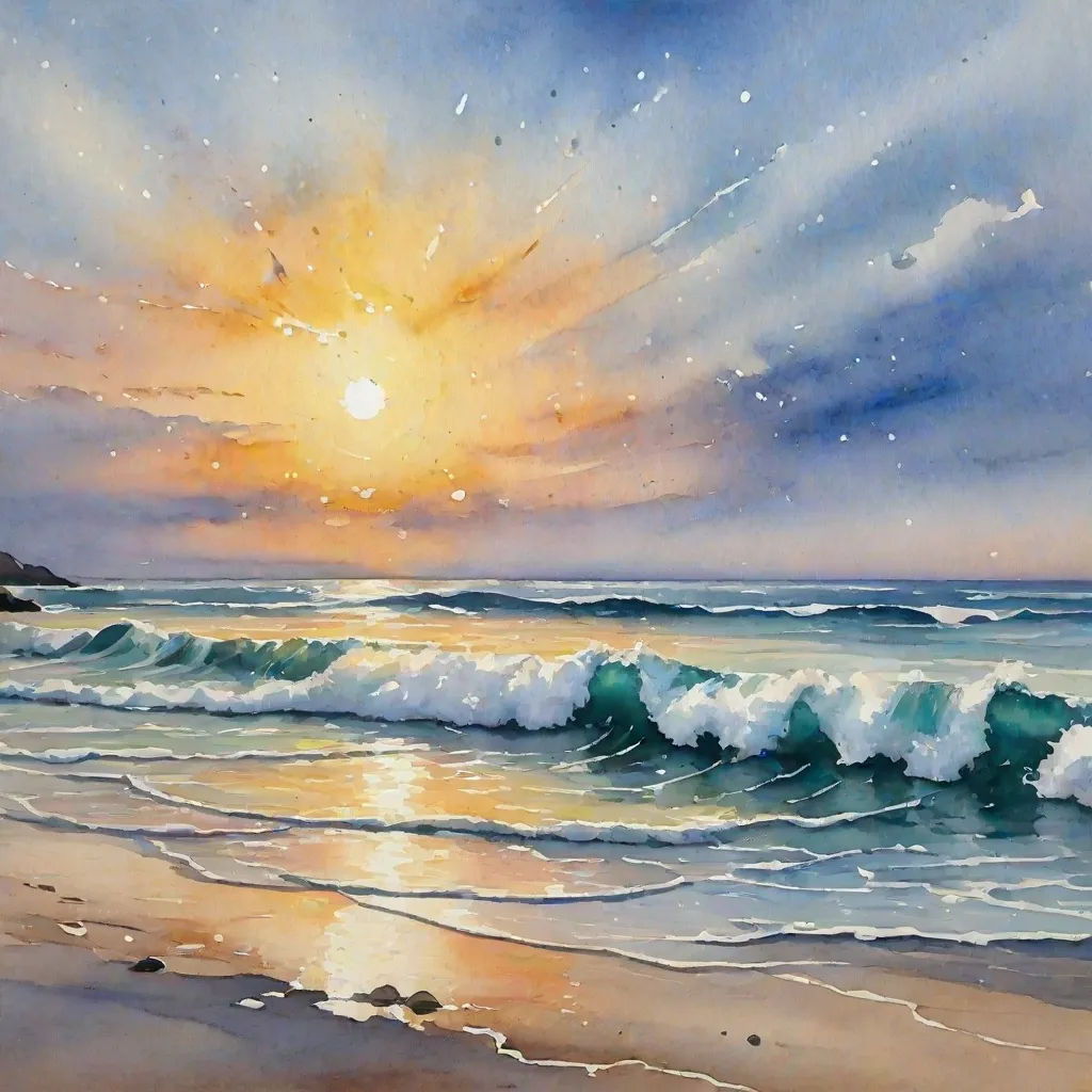 a painting of a sunset over the ocean with waves crashing on the shore and a person walking on the beach, Alison Kinnaird, figurative art, a watercolor painting, watercolor