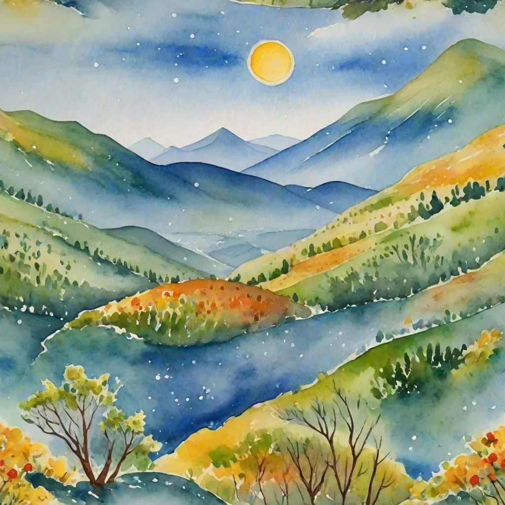 a painting of a mountain landscape with trees and a moon in the sky above it, with a blue sky and yellow trees, Carol Sutton, fantasy art, a watercolor painting, landscape
