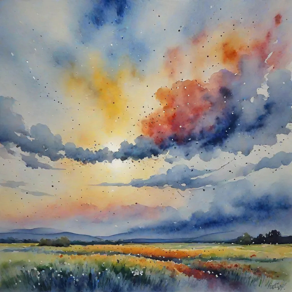 a painting of a field with a sky filled with clouds and stars in the sky above it is a field with grass and a few trees, Alison Kinnaird, color field, a watercolor painting, sky