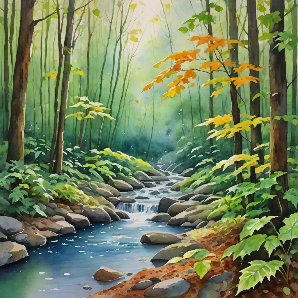 a painting of a stream in a forest with rocks and trees in the background and a stream running through the woods, Alexander Brook, american scene painting, a photorealistic painting, highly detailed oil painting