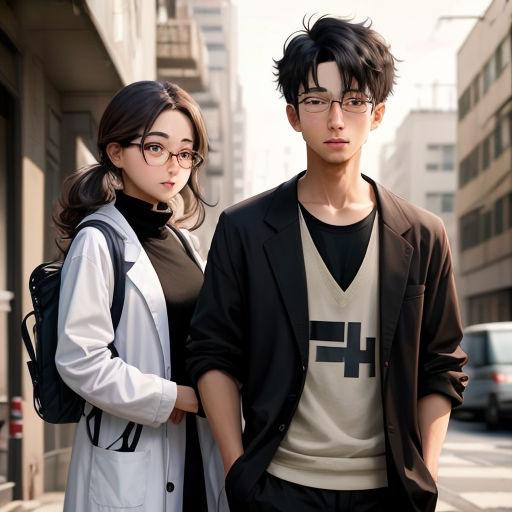 a man and a woman standing on a city street together, both wearing glasses and a coat, both looking at the camera