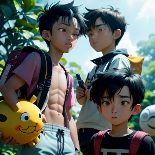a group of young men standing next to each other in front of a forest with a yellow ball in his hand
