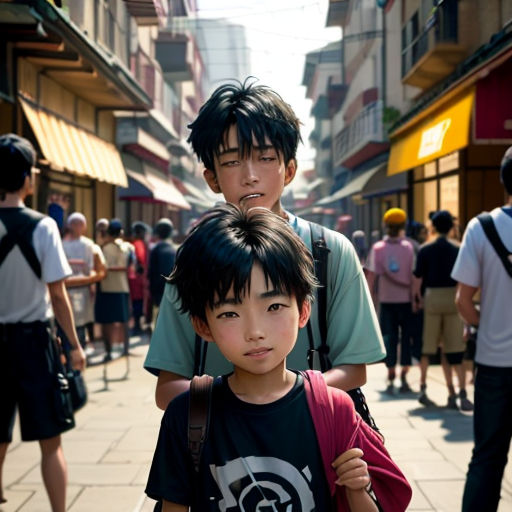 a young boy and a young boy standing on a street in a city with people walking by them and a man with a backpack on his shoulder