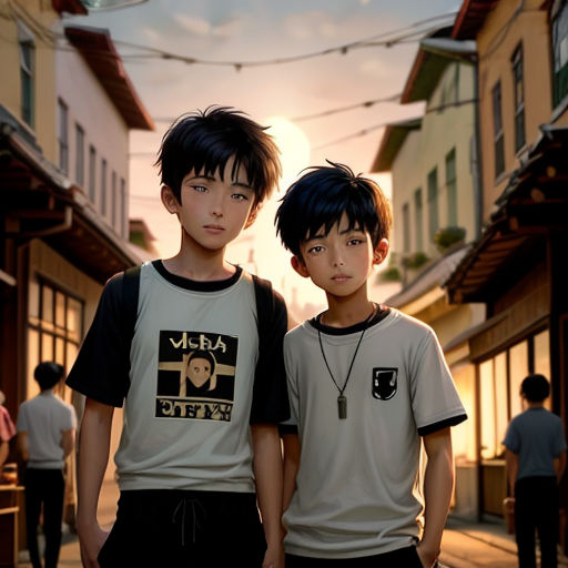 two young boys standing next to each other in front of a building with a sun setting behind them and a few people walking on the sidewalk