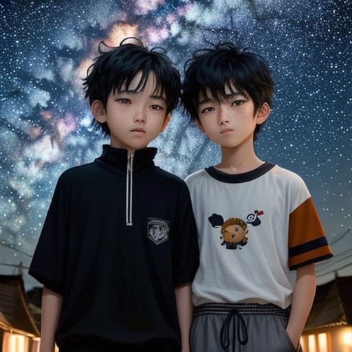 two young boys standing next to each other in front of a sky filled with stars and a galaxy in the background