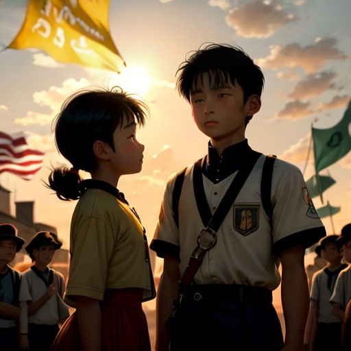 a boy and a girl standing next to each other in front of a flag and a building with a flagpole