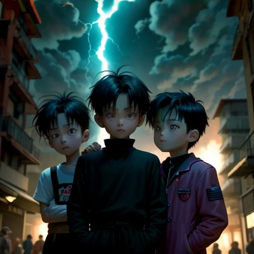 three children standing in front of a lightning bolt in a city at night time, with a sky background