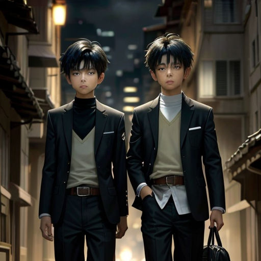 two young men in suits walking down a street at night with a handbag in his hand and a briefcase in his other hand