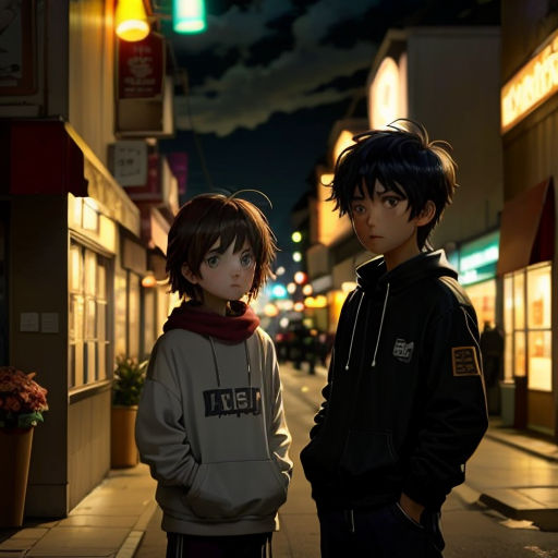 two people standing on a street at night with a city in the background and a building lit up at night