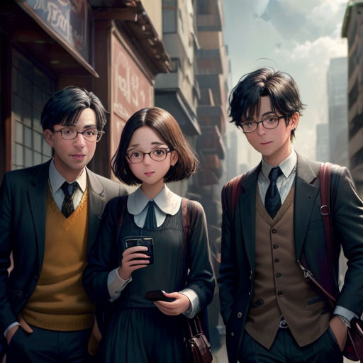 three people standing in front of a building with a cell phone in their hands and a man in a suit and tie