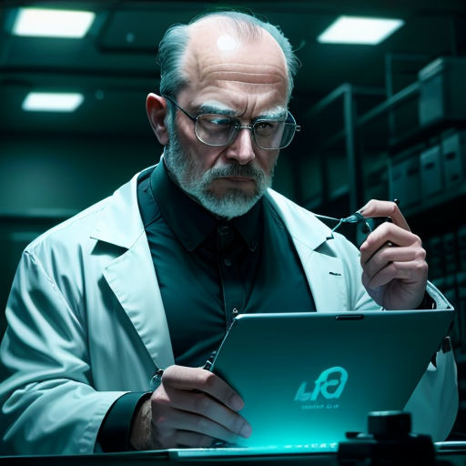a man in a lab coat looking at a laptop screen with a glowing light on it, in a dark room