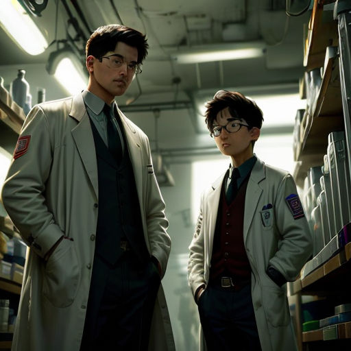 two men in lab coats standing in a room with shelves of books and other items on shelves in the background