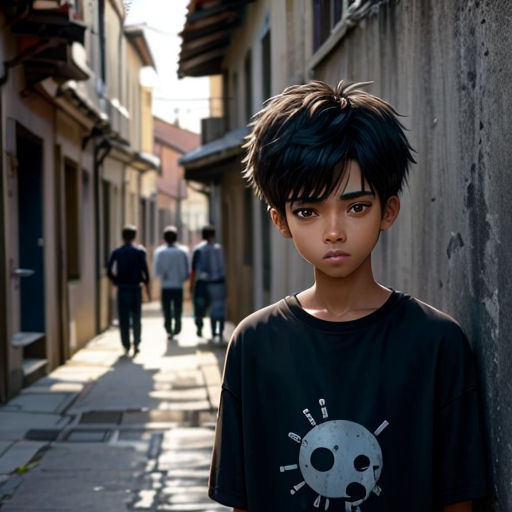 a young boy standing next to a wall on a street with people walking by him and a building in the background