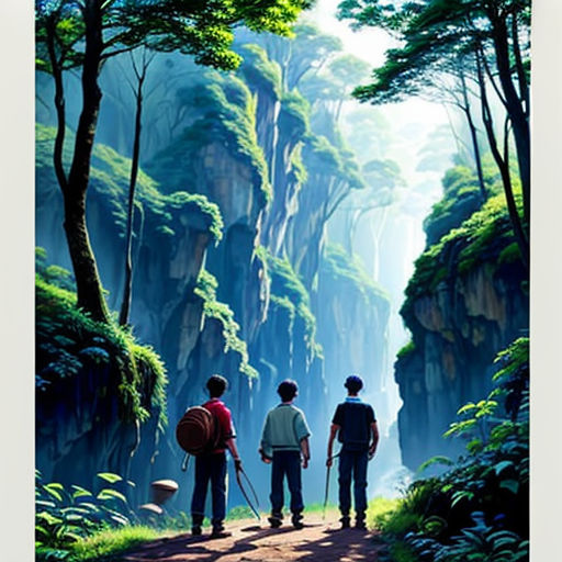 two people standing on a dirt road in the middle of a forest with a mountain in the background and a forest with trees
