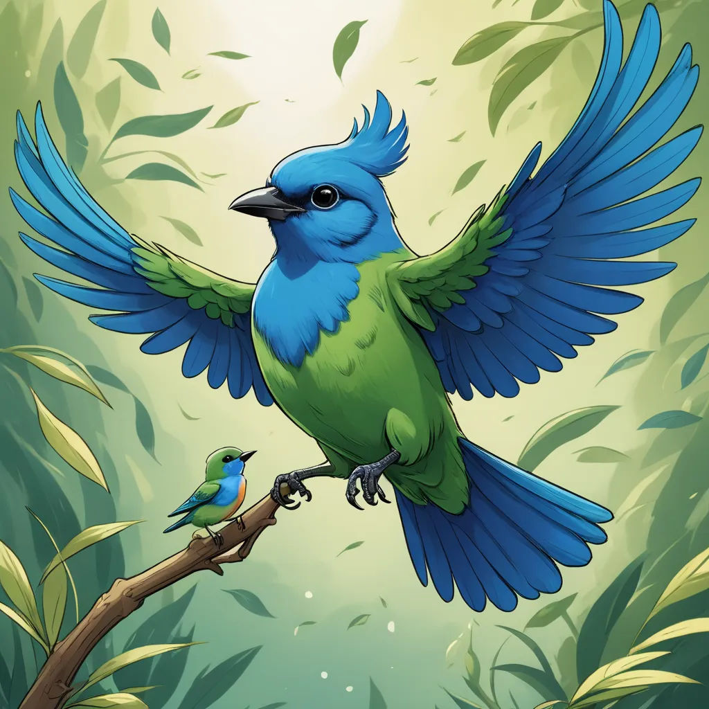 a blue bird with its wings spread out on a branch with a green background and leaves on the ground, fantasy art, a digital painting, Chris LaBrooy, birds