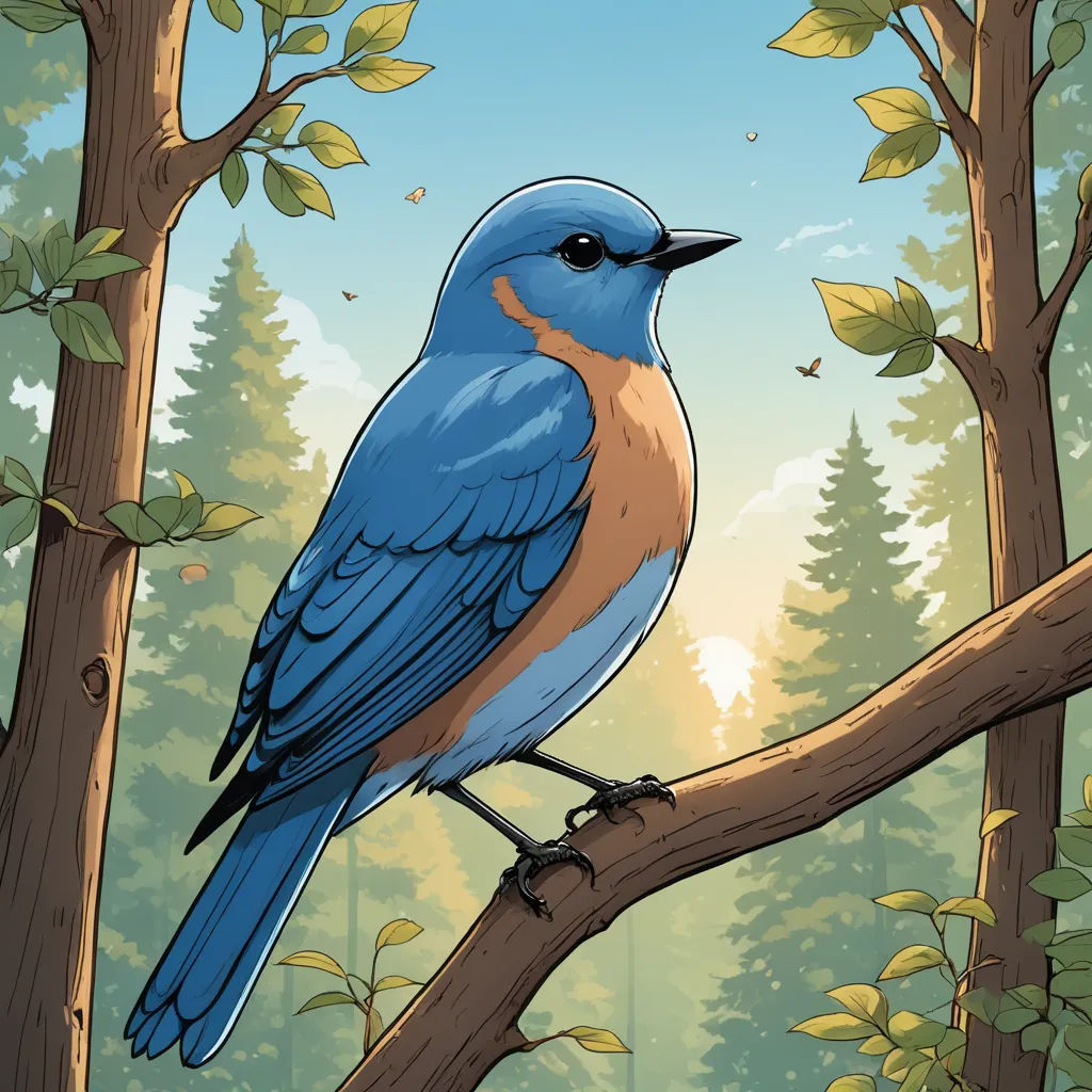 a blue bird sitting on a branch in a forest with trees and leaves around it, with a sun shining through the trees, process art, a storybook illustration, Dan Mumford, josan gonzales and dan mumford