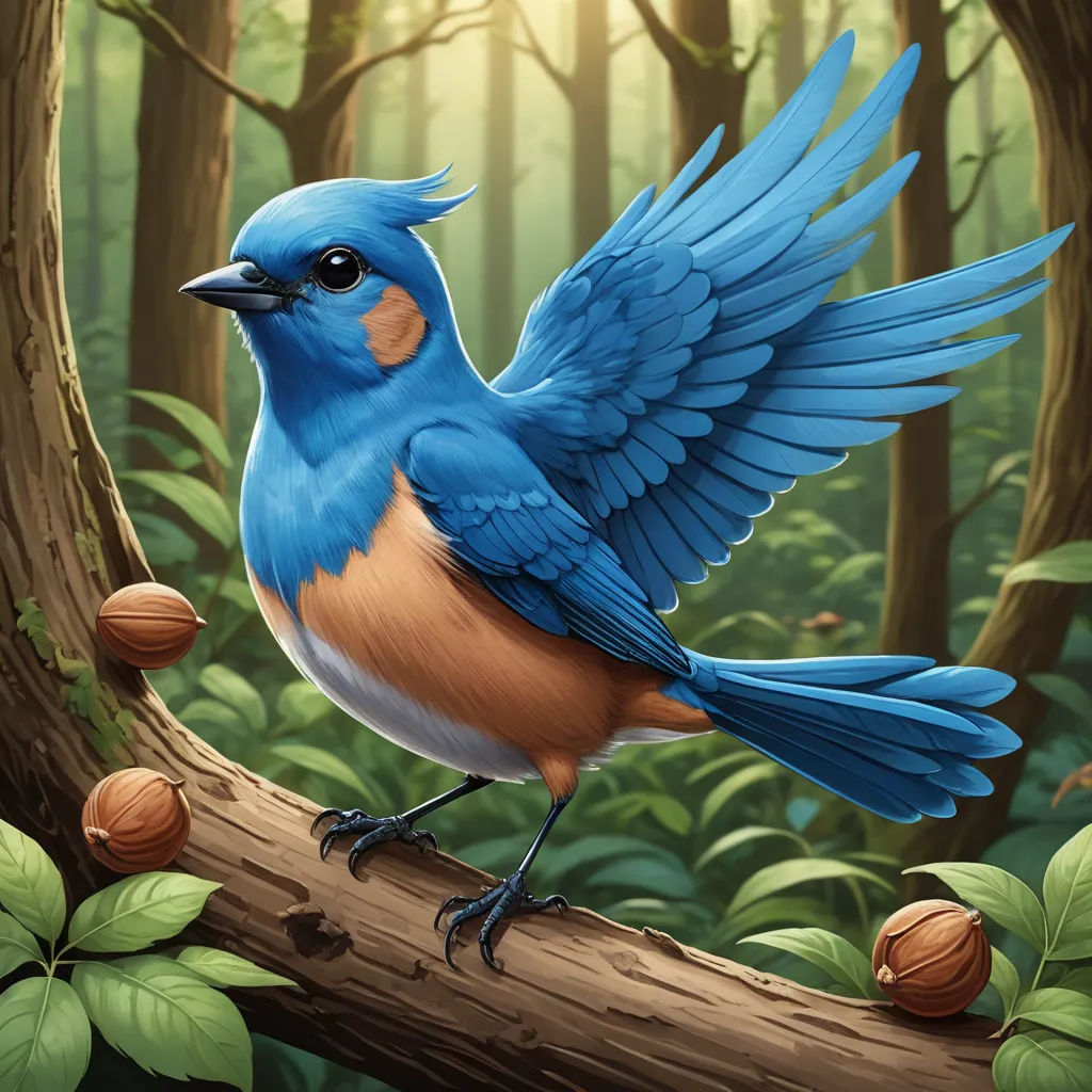 a blue bird perched on a branch in a forest with nuts on the ground and a tree branch with leaves and nuts on the ground, fantasy art, a digital painting, Chris LaBrooy, highly detailed digital painting