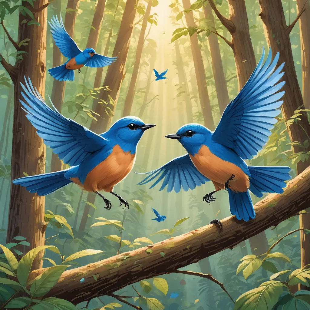 two blue birds are perched on a branch in the woods with a sunbeam in the background and a forest floor with birds, altermodern, a digital painting, Chris LaBrooy, birds