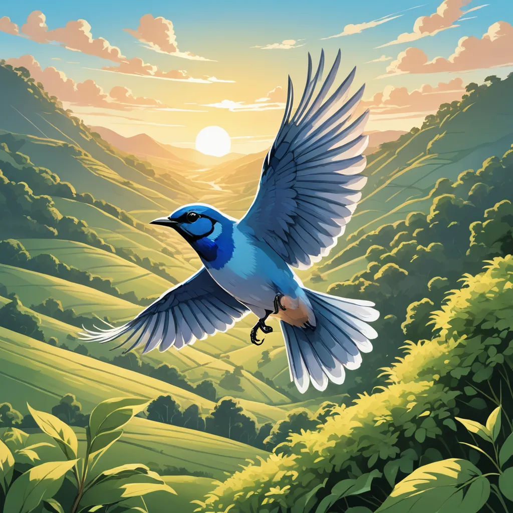 a bird flying over a lush green hillside under a sunset sky with clouds and sun shining through the clouds, magic realism, a storybook illustration, David Martin, rossdraws global illumination