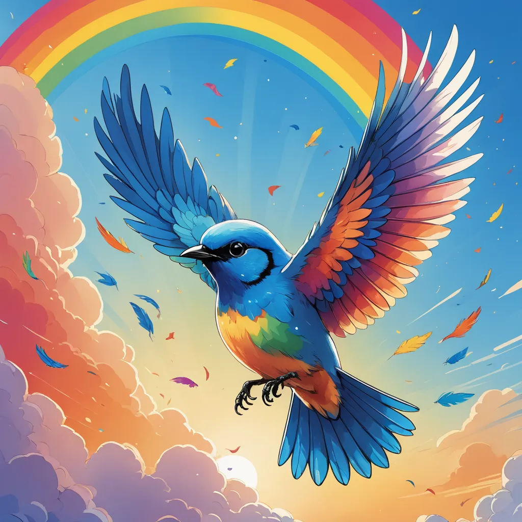 a colorful bird flying through a cloudy sky with a rainbow in the background and a rainbow in the sky, psychedelic art, a digital painting, Chris LaBrooy, rossdraws global illumination