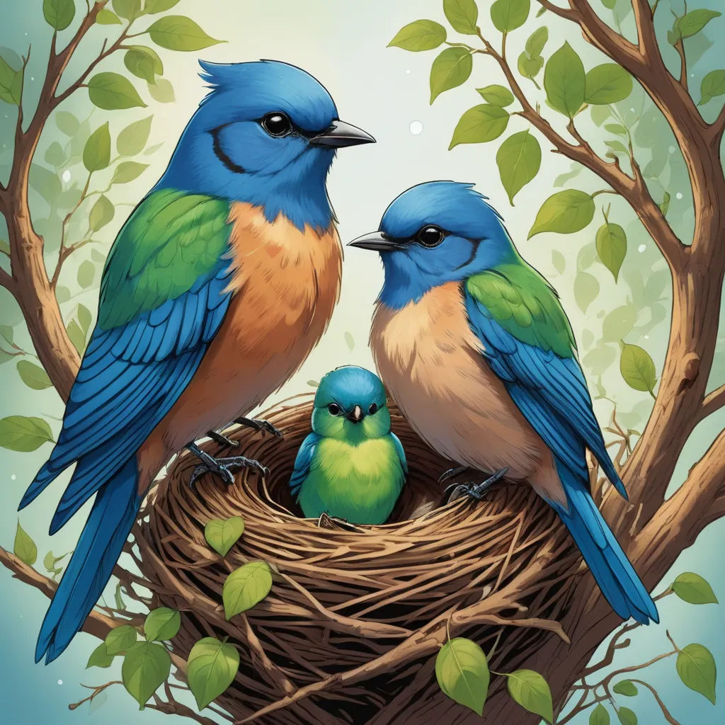 a couple of birds sitting on top of a nest next to a baby bird in a tree branch with leaves, lyco art, a storybook illustration, Dan Mumford, josan gonzales and dan mumford