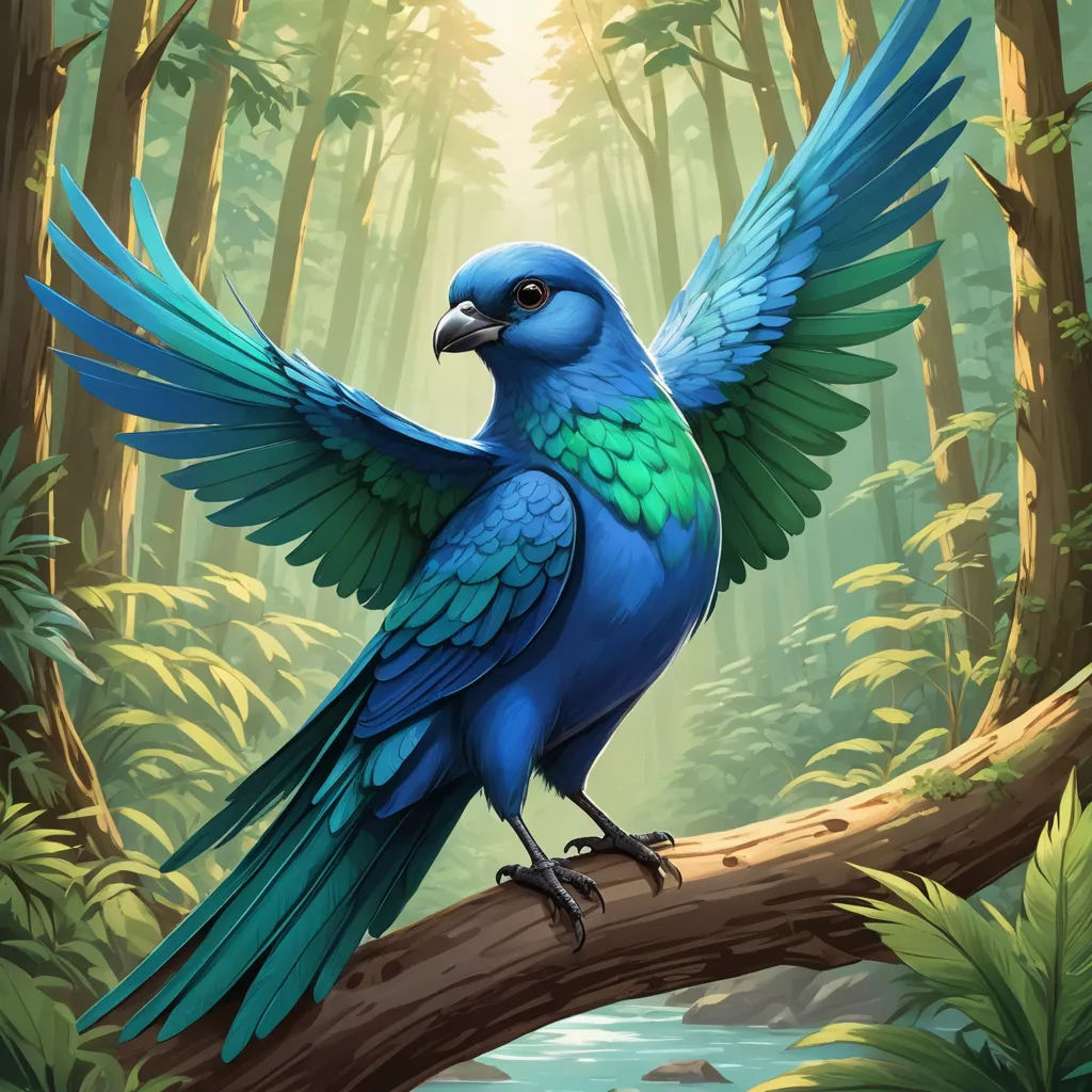 a blue bird with green wings sitting on a branch in a forest with a stream and trees in the background, fantasy art, a digital painting, Chris LaBrooy, magic the gathering artwork