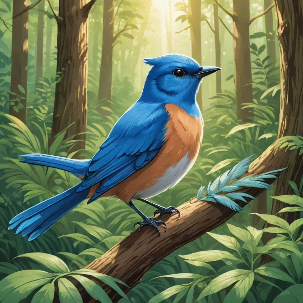 a blue bird sitting on a branch in a forest with sunlight shining through the trees and leaves on the ground, altermodern, a digital painting, Chris LaBrooy, birds