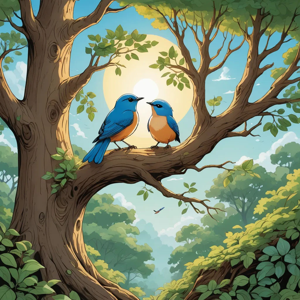 two birds sitting on a tree branch in a forest with a full moon in the background, with leaves and branches, fantasy art, a storybook illustration, Chris LaBrooy, highly detailed digital painting