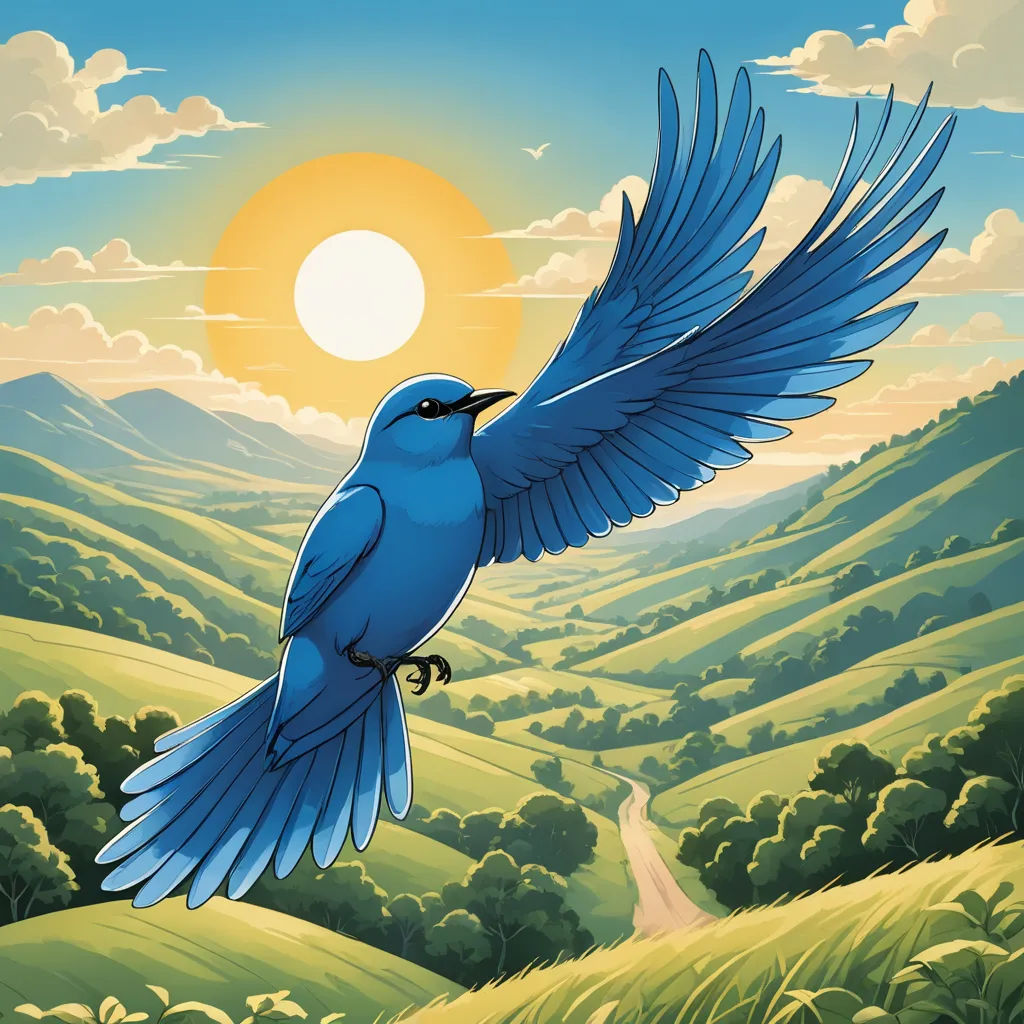 a blue bird flying over a lush green hillside under a sunset sky with clouds and sun in the background, precisionism, a storybook illustration, Chris LaBrooy, birds