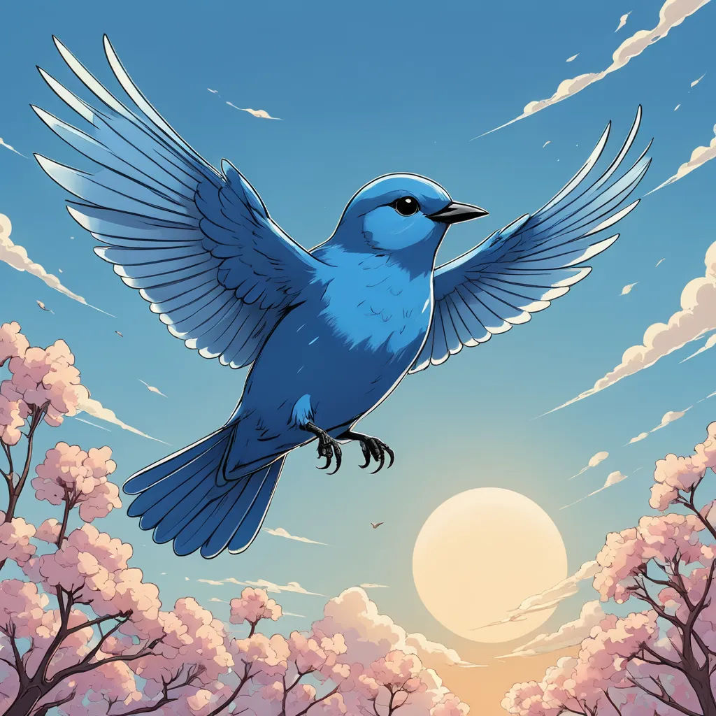 a blue bird flying over a tree filled with pink flowers and a sun in the background with clouds and sun, altermodern, a comic book panel, Dan Mumford, josan gonzales and dan mumford