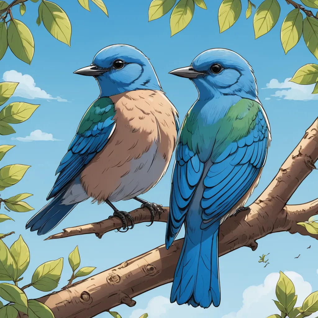 two birds sitting on a branch of a tree with leaves on it and a blue sky in the background, altermodern, a comic book panel, Dan Mumford, birds