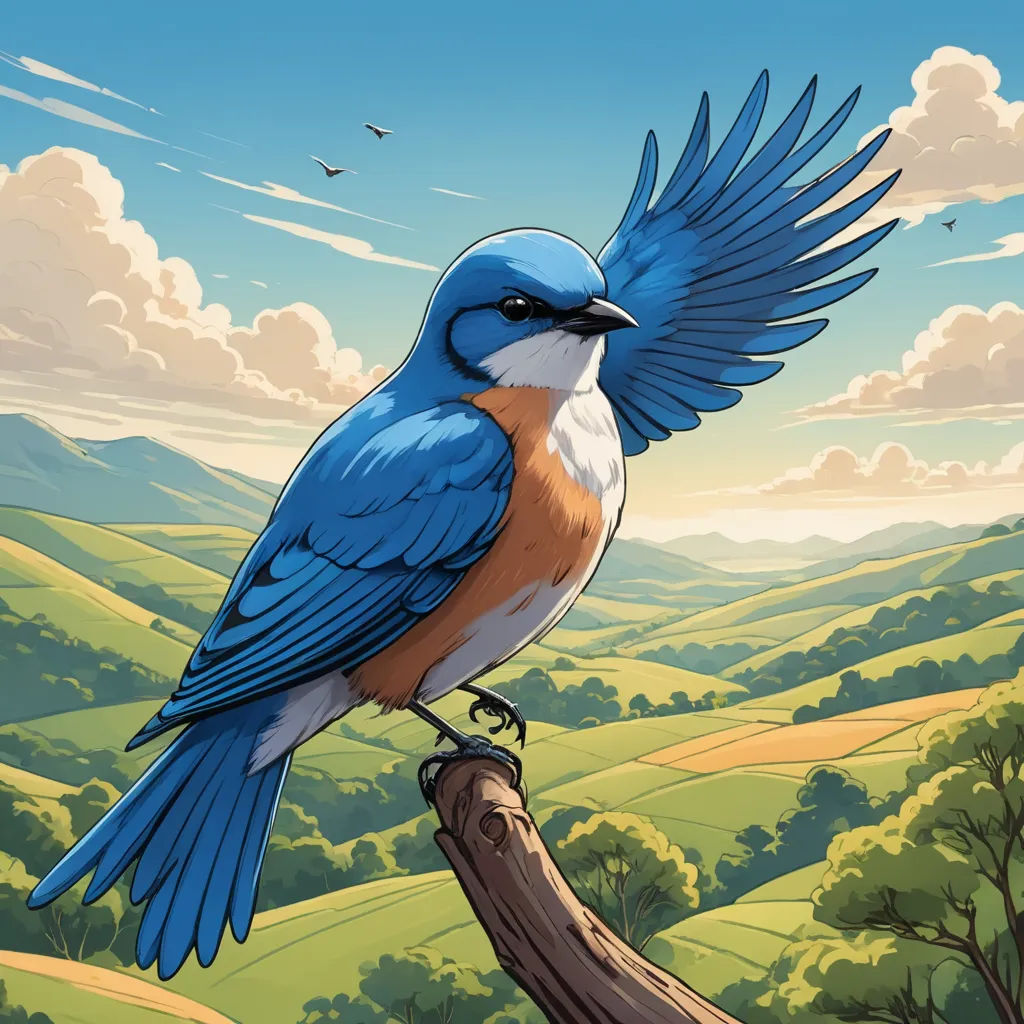 a blue bird with orange and white feathers sitting on a branch in a field with hills and clouds in the background, context art, a storybook illustration, Chris LaBrooy, highly detailed digital painting