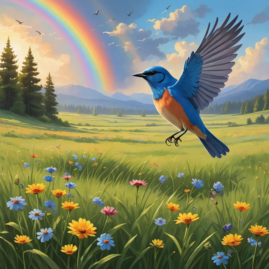 a bird flying over a lush green field filled with flowers and a rainbow in the background of a field of flowers, american scene painting, a matte painting, Chris LaBrooy, magic the gathering artwork